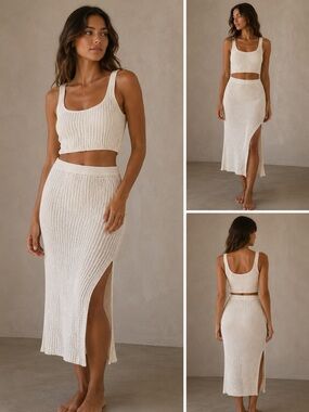 Free People Ivory 2 Piece Sleeveless Knit Crop Top & Skirt Set XL